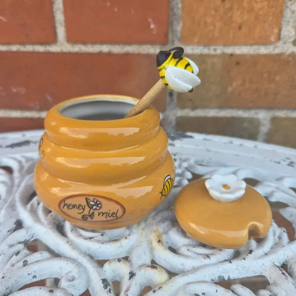 Honey Miel Ceramic Beehive Honey Pot Bee Dipper Lid Cottagecore 3.25